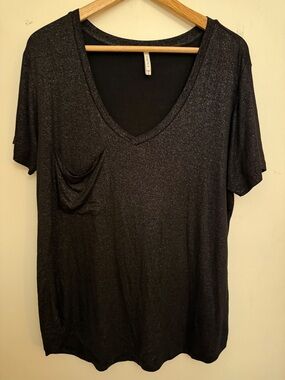 Black Metallic Shimmer V-Neck Tee Womens Large Gold Sparkle Top Casual Party